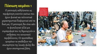 Πύκνωση κειμένου 1
Ο ρατσισμός εκδηλώνεται ως
περιφρόνηση εναντίον εκείνων που
έχουν φυσικά και πολιτιστικά
χαρακτηριστικά διαφορετικά από τα
δικά μας. Ο ρατσισμός δεν είναι κάτι
το φυσιολογικό αλλά μια
συμπεριφορά που τη δημιουργούν οι
επιδράσεις του κοινωνικού
περιβάλλοντος. Οι προσπάθειες
ορισμένων να αποδείξουν την
ανωτερότητα της λευκής φυλής δεν
έχουν επιστημονική βάση.
 