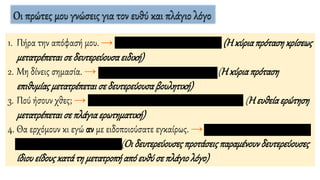 Οι πρώτες μου γνώσεις για τον ευθύ και πλάγιο λόγο
1. Πήρα την απόφασή μου. → Είπε ότι πήρε την απόφασή του (Ηκύριαπρότασηκρίσεως
μετατρέπεταισε δευτερεύουσαειδική)
2. Μη δίνεις σημασία. → Με προέτρεψε να μη δίνω σημασία (Η κύριαπρόταση
επιθυμίαςμετατρέπεταισε δευτερεύουσαβουλητική)
3. Πού ήσουν χθες; → Με ρώτησε πού ήμουν την προηγούμενη μέρα. (Ηευθείαερώτηση
μετατρέπεταισε πλάγιαερωτηματική)
4. Θα ερχόμουν κι εγώ αν με ειδοποιούσατε εγκαίρως. → Είπε ότι θα ερχόταν κι αυτός,
αν τον ειδοποιούσαν εγκαίρως. (Οι δευτερεύουσεςπροτάσειςπαραμένουνδευτερεύουσες
ίδιουείδουςκατάτη μετατροπήαπόευθύσε πλάγιολόγο)
 