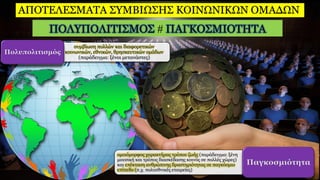 ΑΠΟΤΕΛΕΣΜΑΤΑ ΣΥΜΒΙΩΣΗΣ ΚΟΙΝΩΝΙΚΩΝ ΟΜΑΔΩΝ
ΠΟΛΥΠΟΛΙΤΙΣΜΟΣ  ΠΑΓΚΟΣΜΙΟΤΗΤΑ
ομοιόμορφος χαρακτήρας τρόπου ζωής (παράδειγμα: ξένη
μουσική και τρόπος διασκέδασης κοινός σε πολλές χώρες)
και επέκταση ανθρώπινης δραστηριότητας σε παγκόσμιο
επίπεδο (π.χ. πολυεθνικές εταιρείες)
Παγκοσμιότητα
συμβίωση πολλών και διαφορετικών
κοινωνικών, εθνικών, θρησκευτικών ομάδων
(παράδειγμα: ξένοι μετανάστες)
Πολυπολιτισμός
 