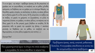 Τι κι αν έχεις –ας πούμε– πρόβλημα όρασης; Δε θα μπορούσες να
χορέψεις και να τραγουδήσεις, να σκεφτείς και να μάθεις χιλιάδες
πράγματα, να διαβάσεις και να γράψεις με το σύστημα Μπράιγ, να
διηγηθείς ωραίες ιστορίες, να απολαύσεις τη φύση, να κάνεις φίλους
και να δώσεις χαρά; Κι αν δεν ακούς, δε θα μπορούσες να τρέξεις και
να παίξεις, να χαρείς τα χρώματα, να ζωγραφίσεις, να μιλάς τη
νοηματική γλώσσα, να γράφεις, να κάνεις φίλους, να παίρνεις και να
δίνεις χαρά; Kι αν δεν μπορείς χωρίς βοήθεια να κινηθείς, δε θα
μπορούσες πάλι να χαρείς την ομορφιά της φύσης, ν' ακούσεις
μουσική, να διαβάσεις και να μάθεις, να σκεφτείς και να
δημιουργήσεις, να γίνεις φίλος ευχάριστος και πιστός; […]
Σίγουρα Ναι!
Ποια χαρακτηριστικά έχουν τα άτομα στα οποία αναφέρεται
η συγγραφέας; Σε ποιους απευθύνει το κείμενό της;
Προβλήματα όρασης, ακοής, κινητικά, μαθησιακές
δυσκολίες. Η συγγραφέας απευθύνεται σε αυτούς που
δεν αντιμετωπίζουν τέτοια προβλήματα.
 