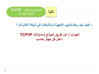 ‫؟‬ ‫اإلنترنت‬ ‫شبكة‬ ‫في‬ ‫والشبكات‬ ‫االجهزة‬ ‫ماليين‬ ‫ربط‬ ‫يتم‬ ‫كيف‬
‫ومداوالت‬ ‫نموذج‬TCP/IP
‫اإلنترنت‬ ‫لشبكة‬
‫الجواب‬/‫ومداوالت‬ ‫نموذج‬ ‫طريق‬ ‫عن‬TCP/IP
‫حاسب‬ ‫جهاز‬ ‫كل‬ ‫داخل‬
ً‫ا‬‫ثاني‬
 