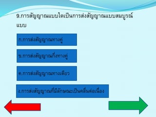 9.กำรสัญญำณแบบใดเป็นกำรส่งสัญญำณแบบสมบูรณ์
แบบ
ก.กำรส่งสัญญำณทำงคู่
ข.กำรส่งสัญญำณกี่งทำงคู่
ค.กำรส่งสัญญำณทำงเดียว
ง.กำรส่งสัญญำณที่มีลักษณะเป็นคลื่นต่อเนื่อง
 