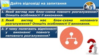 8
Дайте відповіді на запитання
1. Який вигляд має блок-схема повного розгалуження?
Опишіть особливості її виконання.
2. Який вигляд має блок-схема неповного
розгалуження? Опишіть особливості її виконання.
3. У чому полягають відмінності
у виконанні повного і
неповного розгалуження?
Розділ 6
§ 6.4
 