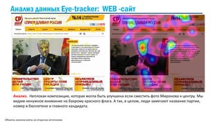 Объекты анализа взяты из открытых источников
Анализ. Неплохая композиция, которая могла быть улучшена если сместить фото Миронова к центру. Мы
видим ненужное внимание на бахрому красного флага. А так, в целом, люди замечают название партии,
номер в бюллетене и главного кандидата.
Анализ данных Eye-tracker: WEB -сайт
 