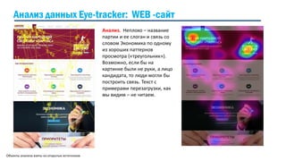 Объекты анализа взяты из открытых источников
Анализ. Неплохо – название
партии и ее слоган и связь со
словом Экономика по одному
из хороших паттернов
просмотра («треугольник»).
Возможно, если бы на
картинке были не руки, а лицо
кандидата, то люди могли бы
построить связь. Текст с
примерами перезагрузки, как
мы видим – не читаем.
Анализ данных Eye-tracker: WEB -сайт
 