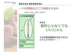 ©2009- Naoki	Kato,	IML
at	TGU
何をするか 何を学ばせるか
適当なプログラミング体験
l できることが変えられることの体験
l 入出力の関係が変えられることの体験
パワーアップ
Data
Action
etc.
Data
Action
etc.
10 INPUT	A
20 INPUT	B
30 PRINT	A+B
 