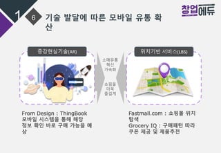 1 6 기술 발달에 따른 모바일 유통 확
산
증강현실기술(AR) 위치기반 서비스(LBS)
From Design : ThingBook
모바일 시스템을 통해 해당
정보 확인 바로 구매 가능을 예
상
Fastmall.com : 쇼핑몰 위치
탐색
Grocery IQ : 구매패턴 따라
쿠폰 제공 및 제품추천
소매유통
혁신
가속화
쇼핑을
더욱
즐겁게
 