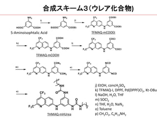 TFMAQ-mCOOEt
TFMAQ-mCOOH
THMAQ-mHUrea
j) EtOH, concH2SO4
k) TFMAQ-I, DPPF, Pd(DPPF)Cl2, Kt-OBu
l) NaOH, H2O, THF
m) SOCl2
n) THF, H2O, NaN3
o) Toluene
p) CH2Cl2, C6H13NH2
合成スキーム３（ウレア化合物)
5-Aminoisophtalic Acid
 