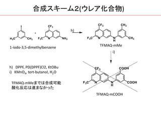 合成スキーム２(ウレア化合物)
1-iodo-3,5-dimethylbenzene TFMAQ-mMe
TFMAQ-mCOOH
h) DPPF, PD(DPPF)Cl2, KtOBu
i) KMnO4, tert-butanol, H2O
TFMAQ-mMeまでは合成可能
酸化反応は進まなかった
i)
h)
 