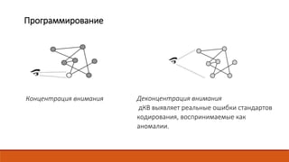 Программирование
Концентрация внимания Деконцентрация внимания
дКВ выявляет реальные ошибки стандартов
кодирования, воспринимаемые как
аномалии.
 