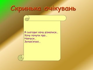 Я сьогодні хочу дізнатися...
Хочу почути про…
Навчуся…
Запам’ятаю…
 