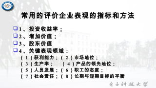 常用的评价企业表现的指标和方法常用的评价企业表现的指标和方法
 11 、投资收益率；、投资收益率；
 22 、增加价值；、增加价值；
 33 、股东价值、股东价值
 44 、关键表现领域：、关键表现领域：
（（ 11 ）获利能力；（）获利能力；（ 22 ）市场地位；）市场地位；
（（ 33 ）生产率； （）生产率； （ 44 ）产品的领先地位；）产品的领先地位；
（（ 55 ）人员发展；（）人员发展；（ 66 ）职工的态度；）职工的态度；
（（ 77 ）社会责任；（）社会责任；（ 88 ）长期与短期目标的平衡）长期与短期目标的平衡
 