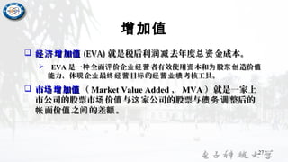 增加值
 加经济增 值加经济增 值 (EVA)(EVA) 就是税后利 去年度 金成本。润减 总资就是税后利 去年度 金成本。润减 总资
 EVAEVA 是一 全面 价企 者有效使用 本和 股 造价种 评 业经营 资 为 东创 值是一 全面 价企 者有效使用 本和 股 造价种 评 业经营 资 为 东创 值
能力，体 企 最 目 的 考核工具。现 业 终经营 标 经营业绩能力，体 企 最 目 的 考核工具。现 业 终经营 标 经营业绩
 市 加场增 值市 加场增 值 （（ Market Value AddedMarket Value Added ，， MVAMVA ）就是一家上）就是一家上
市公司的股票市 价 与 家公司的股票与 整后的场 值 这 债务调市公司的股票市 价 与 家公司的股票与 整后的场 值 这 债务调
面价 之 的差 。帐 值 间 额面价 之 的差 。帐 值 间 额
27
 