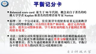 平衡记分卡平衡记分卡
Balanced score card 生于诞 90 年代初，概念来自于著名的哈
佛大学学者 Kaplan 和著名的管理咨 家询专 Norton
原理： 一个公司来 ， 年度 果无法准对 说 仅仅测评 财务结 确评
估公司的整体情况：只有将注重客 和市 ，通 完善内部户 场 过
作，提升公司整体 新，学 和 展的能力才能到 期运 创 习 发 达预
的 果财务结 .
方法：分析公司 愿景目 和近期目 的 略措施或成功实现 标 标 战
要素，将之 化 效指 并通转 为绩 标 过 分解层层 使其落 于部实 门
及 位关键职 。作 通 略和 域的工具，平衡为沟 战 测评关键领 计
分 将卡 全 努力员 指向 公司 略和目实现 战 标
 