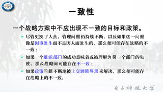 一致性一致性
一个战略方案中不应出现不一致的目标和政策。一个战略方案中不应出现不一致的目标和政策。
 尽管更 了人 ，管理 仍持 不断，以及如果 一换 员 问题 续 这 问题
像是因事 生发 而不是因人而 生的，那 便可能存在 略的不发 么 战
一致；
 如果一个 部组织 门的成功意味着或被理解 一个部 的失为另 门
，那 略 可能存在败 么战 间 不一致；
 如果政策 不断地被问题 上交到领导层来解决，那 便可能存么
在 略上的不一致。战
 