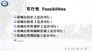可行性可行性 FeasibilitiesFeasibilities
 略在技 上是否可行；战 术略在技 上是否可行；战 术
 略在 上是否可行；战 财务略在 上是否可行；战 财务
 略在 操作上是否可行；战 实际略在 操作上是否可行；战 实际
 略在 取稀缺 源上是否可行；战 获 资略在 取稀缺 源上是否可行；战 获 资
 略在管理技能上是否可行；战略在管理技能上是否可行；战
 …………
 