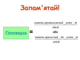 Запам'ятай!
Гіпотенуза =
α
α
sin
__, кутуйпротилежникатет
α
α
cos
___, кутадоприлеглийкатет
або
 