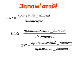 Запам'ятай!
гіпотенуза
катетприлеглий _
cos =α
гіпотенуза
катетйпротилежни _
sin =α
катетприлеглий
катетйпротилежни
tg
_
_
=α
 