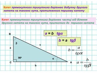 Катет прямокутного трикутника дорівнює добутку другого
катета на тангенс кута, протилежного першому катету
А
В
С
а
b
c
α
β
900
a = b ⋅ tgα
b = a ⋅ tgβ
Катет прямокутного трикутника дорівнює частці від ділення
другого катета на тангенс кута, прилеглого до першого катета
αtg
a
b =
βtg
b
a =
 