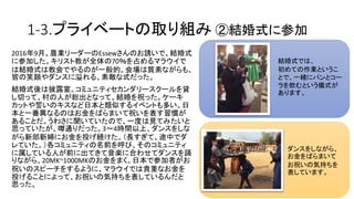 結婚式では、
初めての作業というこ
とで、一緒にパンとコー
ラを飲むという儀式が
あります。
ダンスをしながら、
お金をばらまいて
お祝いの気持ちを
表しています。
1-3.プライベートの取り組み ②結婚式に参加
2016年9月、農業リーダーのEssewさんのお誘いで、結婚式
に参加した。キリスト教が全体の70％を占めるマラウイで
は結婚式は教会でやるのが一般的。会場は質素ながらも、
皆の笑顔やダンスに溢れる、素敵な式だった。
結婚式後は披露宴。コミュニティセカンダリースクールを貸
し切って、村の人が総出となって、結婚を祝った。ケーキ
カットや誓いのキスなど日本と類似するイベントも多い。日
本と一番異なるのはお金をばらまいて祝いを表す習慣が
あることだ。うわさに聞いていたので、一度は見てみたいと
思っていたが、噂通りだった。3～4時間以上、ダンスをしな
がら新郎新婦にお金を投げ続けた。（長すぎて、途中でダ
レていた。）各コミュニティの名前を呼び、そのコミュニティ
に属している人が前に出てきて音楽に合わせてダンスを踊
りながら、20MK~1000MKのお金をまく。日本で参加者がお
祝いのスピーチをするように、マラウイでは貴重なお金を
投げることによって、お祝いの気持ちを表しているんだと
思った。
 