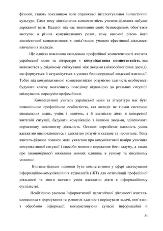 філолог, стають показником його справжньої інтелектуальної лінгвістичної
культури. Саме тому лінгвістична компетентність учителя-філолога набуває
державної ваги. Педагог під час виконання своїх безпосередніх обов’язків
виступає в різних комунікативних ролях, тому високий рівень його
лінгвістичної компетентності є невід’ємною умовою ефективної діяльності
навчальних закладів.
Ще однією важливою складовою професійної компетентності вчителя
української мови та літератури є комунікативна компетентність, яка
виявляється у свідомому спілкуванні між людьми (міжособистісний досвід),
що формується й актуалізується в умовах безпосередньої людської взаємодії.
Тобто під комунікативною компетентністю розуміємо здатність особистості
будувати власну мовленнєву поведінку відповідно до реальних ситуацій
спілкування, передусім професійного.
Компетентний учитель української мови та літератури має бути
повноцінною професійною особистістю, яка володіє не тільки системою
спеціальних знань, умінь і навичок, а й здатністю діяти в конкретній
життєвій ситуації, будувати комунікацію з іншими людьми, здійснювати
нормативну мовленнєву діяльність. Останнє передбачає наявність умінь
адекватно висловлюватись і адекватно розуміти сказане та прочитане. Тому
вчитель-філолог повинен мати уявлення про комунікативні наміри учасника
комунікативної ситуації і способи мовного вираження його задуму, а також
про закономірності вживання мовних одиниць в усному та писемному
мовленні.
Вчитель-філолог повинен бути компетентним у сфері застосування
інформаційно-комунікаційних технологій (ІКТ) для оптимізації професійної
діяльності та змоги навчати учнів адекватно діяти в інформаційному
суспільстві.
Необхідною умовою інформатизації педагогічної діяльності вчителя-
словесника є формування та розвиток здатності вирішувати задачі, пов’язані
з обробкою інформації, використовуючи сучасні інформаційні й
34
 