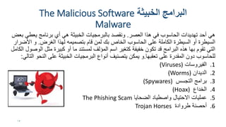 ‫الخبيثت‬ ‫البرامج‬The Malicious Software
Malware
‫العصر‬ ‫هذا‬ ً‫ف‬ ‫الحاسوب‬ ‫تهدٌدات‬ ‫أحد‬ ً‫ه‬.ً‫ه‬ ‫الخبٌثة‬ ‫بالبرمجٌات‬ ‫ونمصد‬‫برنامج‬ ‫أي‬ً‫ٌعط‬‫بعض‬
‫الكاملة‬ ‫السٌطرة‬ ‫أو‬ ‫السٌطرة‬‫الغرض‬ ‫لهذا‬ ‫بتصمٌمه‬ ‫لام‬ ‫لمن‬ ‫بن‬ ‫الخاص‬ ‫الحاسوب‬ ‫على‬.‫األضرار‬ ‫و‬
ً‫الت‬‫البرامج‬ ‫هذه‬ ‫بها‬ ‫تموم‬‫تكون‬ ‫لد‬‫الكامل‬ ‫الوصول‬ ‫مثل‬ ‫كبٌرة‬ ‫أو‬ ‫ما‬ ‫لمستند‬ ‫المؤلف‬ ‫اسم‬ ‫كتغٌر‬ ‫خفٌفة‬
‫على‬ ‫الممدرة‬ ‫دون‬ ‫للحاسوب‬‫تعمبها‬.ً‫التال‬ ‫النحو‬ ‫على‬ ‫الخبٌثة‬ ‫البرمجٌات‬ ‫أنواع‬ ‫ٌتصنٌف‬ ‫ٌمكن‬ ‫و‬:
.1‫الفٌروسات‬(Viruses)
.2‫الدٌدان‬(Worms)
.3‫التجسس‬ ‫برامج‬(Spywares)
.4‫الخداع‬(Hoax)
.5‫الضحاٌا‬ ‫واصطٌاد‬ ‫االحتٌال‬ ‫عملٌات‬The Phishing Scam
.6‫طروادة‬ ‫أحصنة‬Trojan Horses
15
 