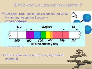 Шта је озон, а шта озонски омотач?
 Безбојан гас. Налази се на висини од 25-50
km изнад површине Земље, у
стратосфери.
 Нагомилан озон који формира слој –
озонски омотач.
 Дебљина озонског омотача износи неколико
милиметара.
 Штити живи свет од штетних дејстава УВ
зрачења.
 