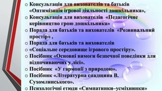 o Консультація для вихователів та батьків
«Оптимізація ігрової діяльності дошкільника»,
o Консультація для вихователів «Педагогічне
керівництво грою дошкільника»
o Порада для батьків та вихователів «Розвивальний
простір» ,
o Порада для батьків та вихователів
o «Соціальне середовище ігрового простіру».
o Посібник «Основні вимоги безпечної поведінки для
відпочиваючих у лісі».
o Посібник «У гармонії з природою».
o Посібник «Літературна спадщина В.
Сухомлинського».
o Психологічні етюди «Симпатинки–усміхнинки»
 