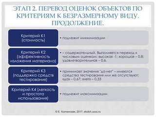 ЭТАП 2. ПЕРЕВОД ОЦЕНОК ОБЪЕКТОВ ПО
КРИТЕРИЯМ К БЕЗРАЗМЕРНОМУ ВИДУ.
ПРОДОЛЖЕНИЕ.
• подлежит минимизации
Критерий К1
(стоимость)
• – содержательный. Выполняется переход к
числовым оценкам: высокая -1; хорошая – 0,8;
удовлетворительная – 0,6.
Критерий К2
(эффективность
изложения материала)
• принимает значения "да-нет" – имеются
средства тестирования или же отсутствуют:
«да» – 0,67; «нет» – 0,33
Критерий К3
(поддержка средств
тестирования)
• подлежит максимизации
Критерий К4 (легкость
и простота
использования)
© Е. Колчинская, 2017, ekolch.ucoz.ru
 