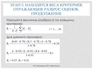 Находятся величины разброса по каждому
критерию:
Для данного примера:
ЭТАП 3. НАХОДЯТСЯ ВЕСА КРИТЕРИЕВ,
ОТРАЖАЮЩИЕ РАЗБРОС ОЦЕНОК.
ПРОДОЛЖЕНИЕ
© Е. Колчинская, 2017, ekolch.ucoz.ru
 