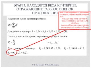 ЭТАП 3. НАХОДЯТСЯ ВЕСА КРИТЕРИЕВ,
ОТРАЖАЮЩИЕ РАЗБРОС ОЦЕНОК.
ПРОДОЛЖЕНИЕ Чем больше разброс (различие)
в оценках объектов по критерию,
тем
больше вес этого критерия.
Таким образом, критерии, по
которым
оценки объектов существенно
различаются, считаются более
важными.
© Е. Колчинская, 2017, ekolch.ucoz.ru
 