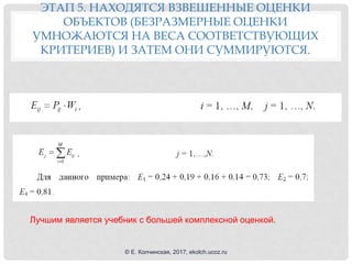 ЭТАП 5. НАХОДЯТСЯ ВЗВЕШЕННЫЕ ОЦЕНКИ
ОБЪЕКТОВ (БЕЗРАЗМЕРНЫЕ ОЦЕНКИ
УМНОЖАЮТСЯ НА ВЕСА СООТВЕТСТВУЮЩИХ
КРИТЕРИЕВ) И ЗАТЕМ ОНИ СУММИРУЮТСЯ.
Лучшим является учебник с большей комплексной оценкой.
© Е. Колчинская, 2017, ekolch.ucoz.ru
 