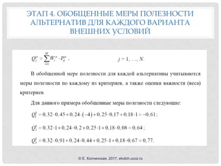 ЭТАП 4. ОБОБЩЕННЫЕ МЕРЫ ПОЛЕЗНОСТИ
АЛЬТЕРНАТИВ ДЛЯ КАЖДОГО ВАРИАНТА
ВНЕШНИХ УСЛОВИЙ
© Е. Колчинская, 2017, ekolch.ucoz.ru
 