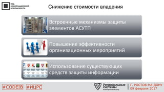 #CODEIB #ИЦРС
Снижение стоимости владения
Встроенные механизмы защиты
элементов АСУТП
Повышение эффективности
организационных мероприятий
Использование существующих
средств защиты информации
Г. РОСТОВ-НА-ДОНУ
09 февраля 2017
 