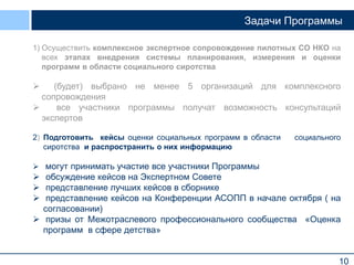 10
Задачи Программы
1) Осуществить комплексное экспертное сопровождение пилотных СО НКО на
всех этапах внедрения системы планирования, измерения и оценки
программ в области социального сиротства
 (будет) выбрано не менее 5 организаций для комплексного
сопровождения
 все участники программы получат возможность консультаций
экспертов
2) Подготовить кейсы оценки социальных программ в области социального
сиротства и распространить о них информацию
 могут принимать участие все участники Программы
 обсуждение кейсов на Экспертном Совете
 представление лучших кейсов в сборнике
 представление кейсов на Конференции АСОПП в начале октября ( на
согласовании)
 призы от Межотраслевого профессионального сообщества «Оценка
программ в сфере детства»
 