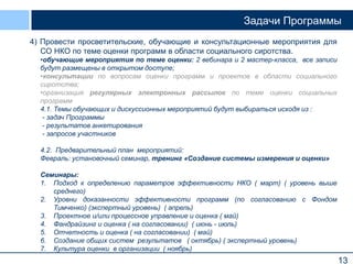13
Задачи Программы
4) Провести просветительские, обучающие и консультационные мероприятия для
СО НКО по теме оценки программ в области социального сиротства.
•обучающие мероприятия по теме оценки: 2 вебинара и 2 мастер-класса, все записи
будут размещены в открытом доступе;
•консультации по вопросам оценки программ и проектов в области социального
сиротства;
•организация регулярных электронных рассылок по теме оценки социальных
программ
4.1. Темы обучающих и дискуссионных мероприятий будут выбираться исходя из :
- задач Программы
- результатов анкетирования
- запросов участников
4.2. Предварительный план мероприятий:
Февраль: установочный семинар, тренинг «Создание системы измерения и оценки»
Семинары:
1. Подход к определению параметров эффективности НКО ( март) ( уровень выше
среднего)
2. Уровни доказанности эффективности программ (по согласованию с Фондом
Тимченко) (экспертный уровень) ( апрель)
3. Проектное и/или процессное управление и оценка ( май)
4. Фандрайзинг и оценка ( на согласовании) ( июнь - июль)
5. Отчетность и оценка ( на согласовании) ( май)
6. Создание общих систем результатов ( октябрь) ( экспертный уровень)
7. Культура оценки в организации ( ноябрь)
 