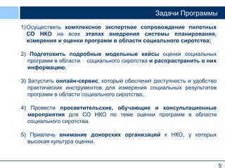 5
Задачи Программы
1)Осуществить комплексное экспертное сопровождение пилотных
СО НКО на всех этапах внедрения системы планирования,
измерения и оценки программ в области социального сиротства;
2) Подготовить подробные модельные кейсы оценки социальных
программ в области социального сиротства и распространить о них
информацию;
3) Запустить онлайн-сервис, который обеспечит доступность и удобство
практических инструментов для измерения социальных результатов
программ в области социального сиротства;
4) Провести просветительские, обучающие и консультационные
мероприятия для СО НКО по теме оценки программ в области
социального сиротства.
5) Привлечь внимание донорских организаций к НКО, у которых
высокая культура оценки.
 