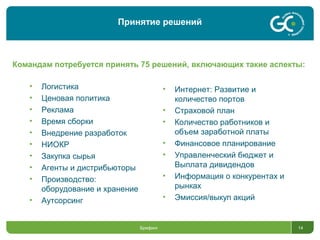 Принятие решений
Командам потребуется принять 75 решений, включающих такие аспекты:
Брифинг 14
• Логистика
• Ценовая политика
• Реклама
• Время сборки
• Внедрение разработок
• НИОКР
• Закупка сырья
• Агенты и дистрибьюторы
• Производство:
оборудование и хранение
• Аутсорсинг
• Интернет: Развитие и
количество портов
• Страховой план
• Количество работников и
объем заработной платы
• Финансовое планирование
• Управленческий бюджет и
Выплата дивидендов
• Информация о конкурентах и
рынках
• Эмиссия/выкуп акций
 
