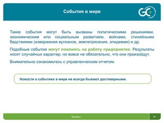 Брифинг 19
Такие события могут быть вызваны политическими решениями,
экономическим или социальным развитием, войнами, стихийными
бедствиями (извержения вулканов, землетрясения, эпидемии) и др.
Подобные события могут повлиять на работу предприятия. Результаты
носят случайных характер, но вовсе не обязательно, что они произойдут.
Внимательно ознакомьтесь с управленческим отчетом.
Новости о событиях в мире не всегда бывают достоверными.
События в мире
 