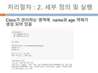 처리절차 : 2. 세부 정의 및 실행
Class가 관리하는 영역에 name과 age 객체가
생성 되어 있음
 