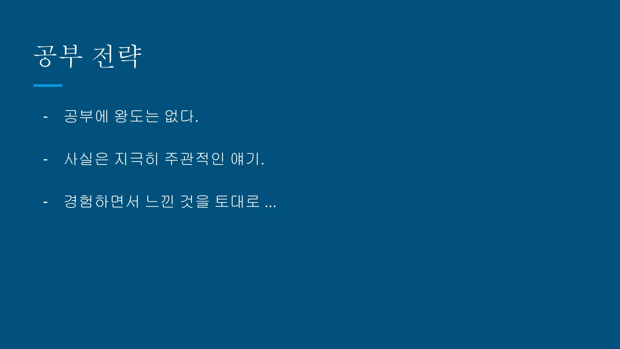공부 전략
- 공부에 왕도는 없다.
- 사실은 지극히 주관적인 얘기.
- 경험하면서 느낀 것을 토대로 ...
 