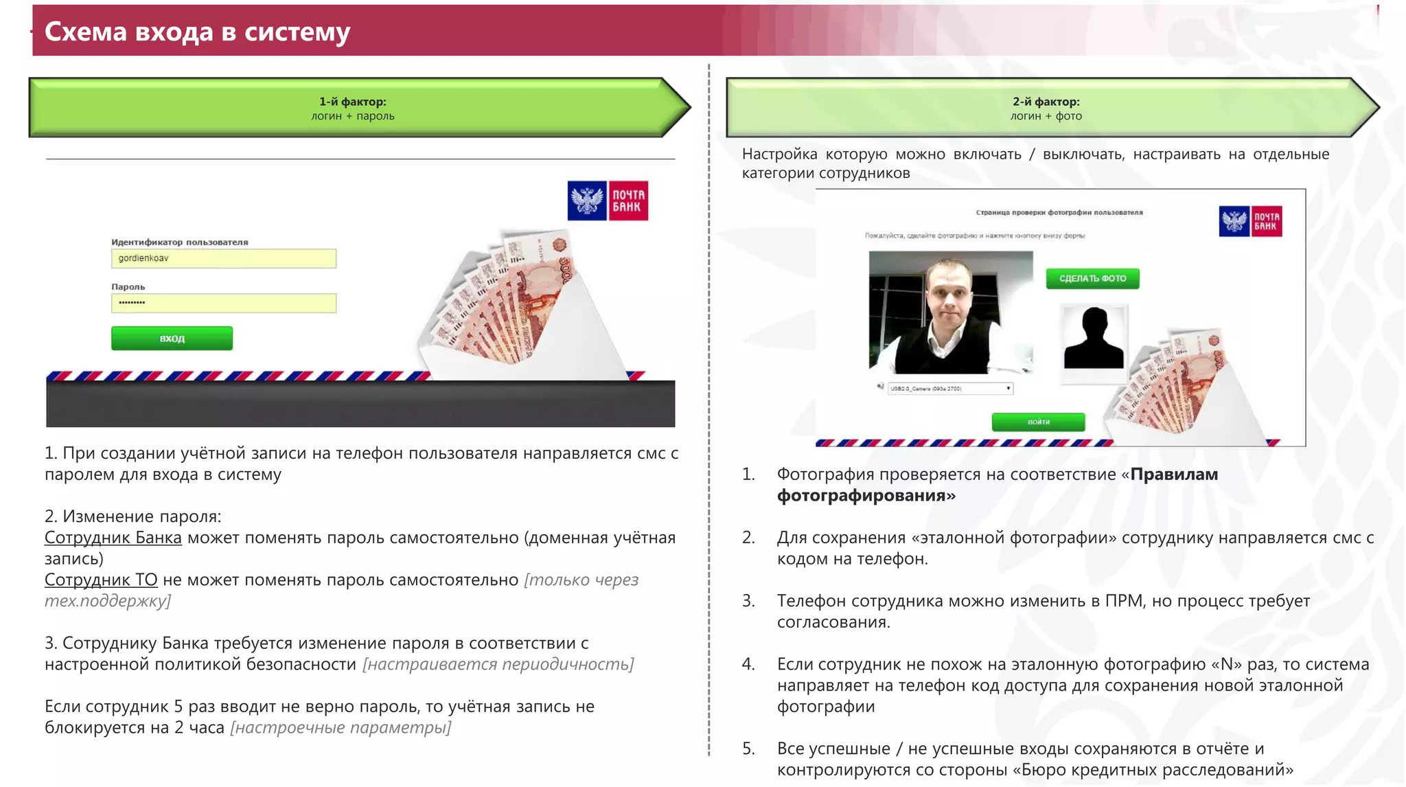 Схема входа в систему
1-й фактор:
логин + пароль
2-й фактор:
логин + фото
1. При создании учётной записи на телефон пользователя направляется смс с
паролем для входа в систему
2. Изменение пароля:
Сотрудник Банка может поменять пароль самостоятельно (доменная учётная
запись)
Сотрудник ТО не может поменять пароль самостоятельно [только через
тех.поддержку]
3. Сотруднику Банка требуется изменение пароля в соответствии с
настроенной политикой безопасности [настраивается периодичность]
Если сотрудник 5 раз вводит не верно пароль, то учётная запись не
блокируется на 2 часа [настроечные параметры]
1. Фотография проверяется на соответствие «Правилам
фотографирования»
2. Для сохранения «эталонной фотографии» сотруднику направляется смс с
кодом на телефон.
3. Телефон сотрудника можно изменить в ПРМ, но процесс требует
согласования.
4. Если сотрудник не похож на эталонную фотографию «N» раз, то система
направляет на телефон код доступа для сохранения новой эталонной
фотографии
5. Все успешные / не успешные входы сохраняются в отчёте и
контролируются со стороны «Бюро кредитных расследований»
Настройка которую можно включать / выключать, настраивать на отдельные
категории сотрудников
 