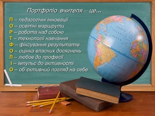 ПортфоліоПортфоліо – …вчителя це– …вчителя це
ПП –– педагогічні інноваціїпедагогічні інновації
ОО –– освітні маршрутиосвіт...