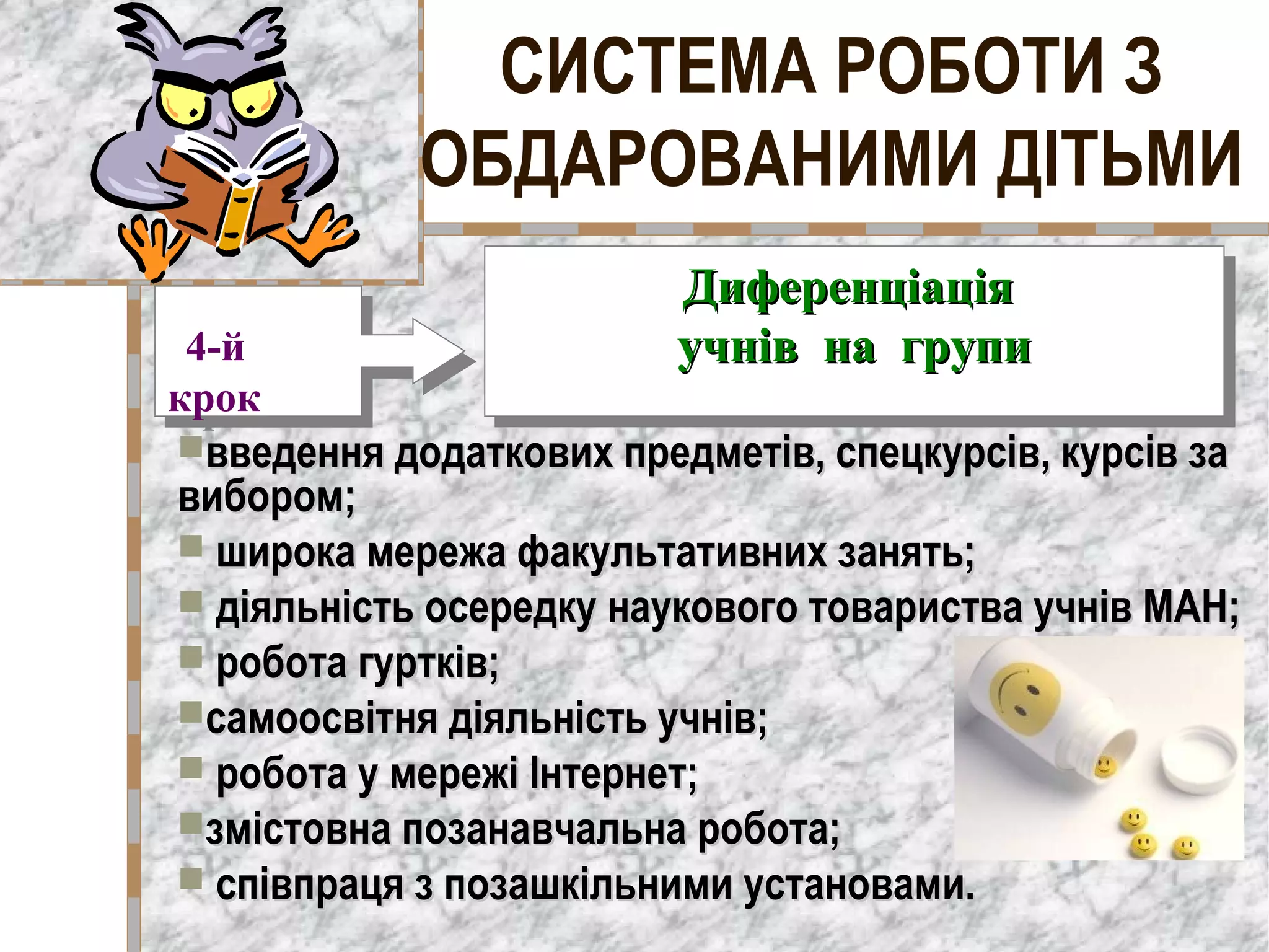 СИСТЕМА РОБОТИ З
ОБДАРОВАНИМИ ДІТЬМИ
введення додаткових предметів, спецкурсів, курсів завведення додаткових предметів, спецкурсів, курсів за
вибором;вибором;
 широка мережа факультативних занять;широка мережа факультативних занять;
 діяльність осередку наукового товариства учнів МАН;діяльність осередку наукового товариства учнів МАН;
 робота гуртків;робота гуртків;
самоосвітня діяльність учнів;самоосвітня діяльність учнів;
 робота у мережі Інтернет;робота у мережі Інтернет;
змістовна позанавчальна робота;змістовна позанавчальна робота;
 співпраця з позашкільними установами.співпраця з позашкільними установами.
4-й
крок
4-й
крок
ДиференціаціяДиференціація
учнів на групиучнів на групи
ДиференціаціяДиференціація
учнів на групиучнів на групи
 