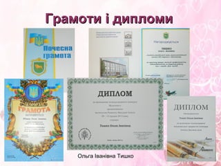 Ольга Іванівна Тишко
ГрамотиГрамоти і дипломиі дипломи
 