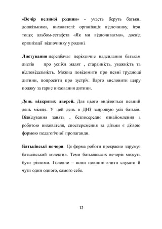 12
«Вечір великої родини» - участь беруть батьки,
дошкільники, вихователі: організація відпочинку, ігри
тощо; альбом-естафета «Як ми відпочиваємо», досвід
організації відпочинку у родині.
Листування передбачає періодичне надсилання батькам
листів про успіхи малят , старанність, уважність та
відповідальність. Можна повідомити про певні труднощі
дитини, попросити про зустріч. Варто висловити щиру
подяку за гарне виховання дитини.
День відкритих дверей. Для цього виділяється певний
день місяця. У цей день в ДНЗ запрошую усіх батьків.
Відвідування занять , безпосереднє ознайомлення з
роботою вихователя, спостереження за дітьми є дієвою
формою педагогічної пропаганди.
Батьківські вечори. Ця форма роботи прекрасно здружує
батьківський колектив. Теми батьківських вечорів можуть
бути різними. Головне – вони повинні вчити слухати й
чути один одного, самого себе.
 