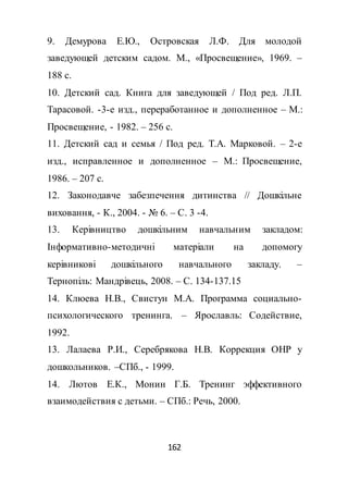 162
9. Демурова Е.Ю., Островская Л.Ф. Для молодой
заведующей детским садом. М., «Просвещение», 1969. –
188 с.
10. Детский сад. Книга для заведующей / Под ред. Л.П.
Тарасовой. -3-е изд., переработанное и дополненное – М.:
Просвещение, - 1982. – 256 с.
11. Детский сад и семья / Под ред. Т.А. Марковой. – 2-е
изд., исправленное и дополненное – М.: Просвещение,
1986. – 207 с.
12. Законодавче забезпечення дитинства // Дошкільне
виховання, - К., 2004. - № 6. – С. 3 -4.
13. Керівництво дошкільним навчальним закладом:
Інформативно-методичні матеріали на допомогу
керівникові дошкільного навчального закладу. –
Тернопіль: Мандрівець, 2008. – С. 134-137.15
14. Клюева Н.В., Свистун М.А. Программа социально-
психологического тренинга. – Ярославль: Содействие,
1992.
13. Лалаева Р.И., Серебрякова Н.В. Коррекция ОНР у
дошкольников. –СПб., - 1999.
14. Лютов Е.К., Монин Г.Б. Тренинг эффективного
взаимодействия с детьми. – СПб.: Речь, 2000.
 