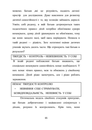 65
можемо. Батьки ,які це розуміють, надають дитині
простір для дослідження. Дуже важливим для розвитку
дитячої самостійності є те, яку позицію займають дорослі.
Уявіть собі родину, в якій батьки дотримуються таких
педагогічних правил: дітей потрібно обов'язково суворо
виховувати, думку дітей ураховувати не обов'язково, тому
що вони занадто малі, щоб щось вирішувати. Похвала в
такій родині — рідкість. Зате негативні оцінки дитячих
учинків звучать досить часто. Що отримують такі батьки в
результаті?
ТВЕРДІСТЬ + КОНТРОЛЬ = НЕВПЕВНЕНІСТЬ У СОБІ
В іншій родині поблажливі батьки вважають, що
спеціально виховувати самостійність немає необхідності. У
них немає чітких правил, меж та обмежень у сімейному
вихованні. Дітей рідко заохочують, але і рідко роблять
зауваження.
НЕМАЄ ТВЕРДОСТІ КОНТРОЛЮ
= НЕВМІННЯ СЕБЕ СТРИМУВАТИ,
БЕЗВІДПОВІДАЛЬНІСТЬ, НЕПЕВНІСТЬ У СОБІ
Оптимальна модель сімейних стосунків припускає,
що батьки доброзичливо і зацікавлено спілкуються з
дітьми, розумно їх контролюють. Крім того, вони
 