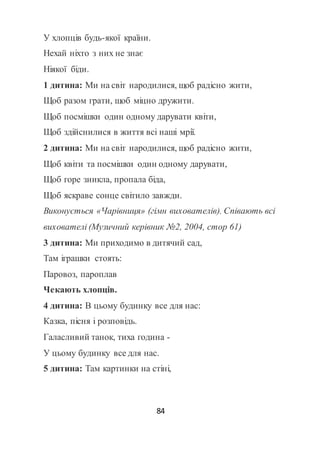 84
У хлопців будь-якої країни.
Нехай ніхто з них не знає
Ніякої біди.
1 дитина: Ми на світ народилися, щоб радісно жити,
Щоб разом грати, щоб міцно дружити.
Щоб посмішки один одному дарувати квіти,
Щоб здійснилися в життя всі наші мрії.
2 дитина: Ми на світ народилися, щоб радісно жити,
Щоб квіти та посмішки один одному дарувати,
Щоб горе зникла, пропала біда,
Щоб яскраве сонце світило завжди.
Виконується «Чарівниця» (гімн вихователів). Співають всі
вихователі (Музичний керівник №2, 2004, стор 61)
3 дитина: Ми приходимо в дитячий сад,
Там іграшки стоять:
Паровоз, пароплав
Чекають хлопців.
4 дитина: В цьому будинку все для нас:
Казка, пісня і розповідь.
Галасливий танок, тиха година -
У цьому будинку все для нас.
5 дитина: Там картинки на стіні,
 