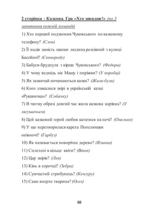 88
2 сторінка - Казкова. Гра «Хто швидше!» (по 3
запитання кожній команді)
1) Хто перший подзвонив Чуковського по казковому
телефону? (Слон)
2) Її надів замість шапки людина розсіяний з вулиці
Басейної? (Сковороду)
3) Бабуся-бруднуля з вірша Чуковського? (Федора)
4) У чому ведмідь ніс Машу і пиріжки? (У коробці)
5) Як зазвичай починаються казки? (Жили-були)
6) Кого злякалися звірі в українській казці
«Рукавичка»? (Собачку)
7) В чиєму образі довгий час жила казкова царівна? (У
лягушачьем)
8) Цей казковий герой любив кататися на печі? (Омелько)
9) У що перетворилася карета Попелюшки
опівночі? (Гарбуз)
10) Як називається новорічне дерево? (Ялинка)
11) Сплетені в кільце квіти? (Вінок)
12) Цар звірів? (Лев)
13) Кінь в сорочці? (Зебра)
14) Сумчастий стрибунець? (Кенгуру)
15) Саме вперте тварина? (Осел)
 